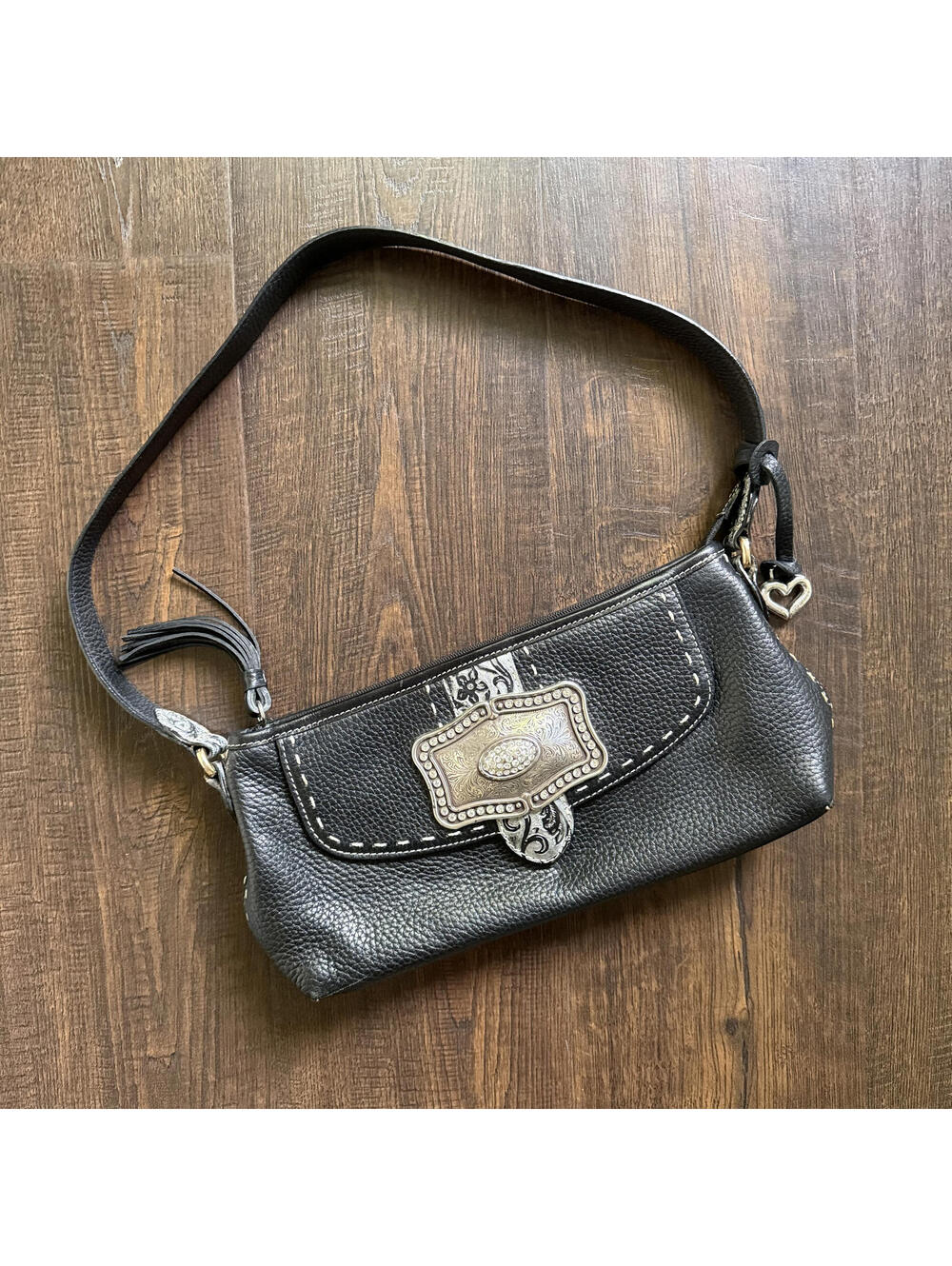 Vintage 90s Black Leather Western Purse Silvery Buckle Tooled Rocker Rodeo Cowbo